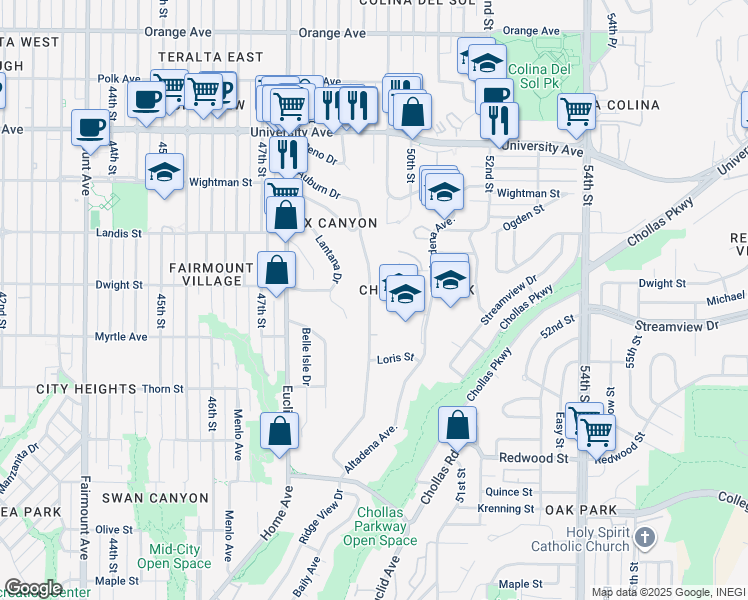 map of restaurants, bars, coffee shops, grocery stores, and more near 5044 Auburn Drive in San Diego