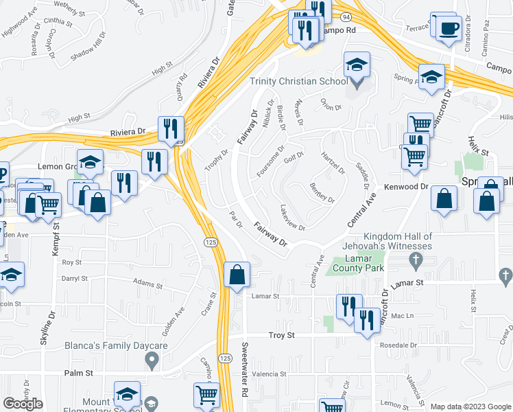 map of restaurants, bars, coffee shops, grocery stores, and more near 3350 Niblick Drive in La Mesa