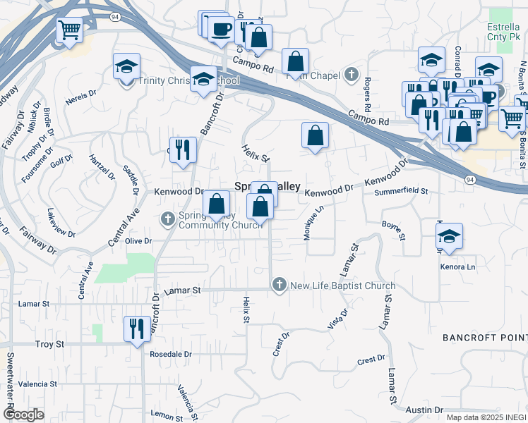 map of restaurants, bars, coffee shops, grocery stores, and more near 3404 Helix Street in Spring Valley