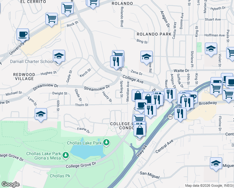 map of restaurants, bars, coffee shops, grocery stores, and more near 3446 Sparling Street in San Diego