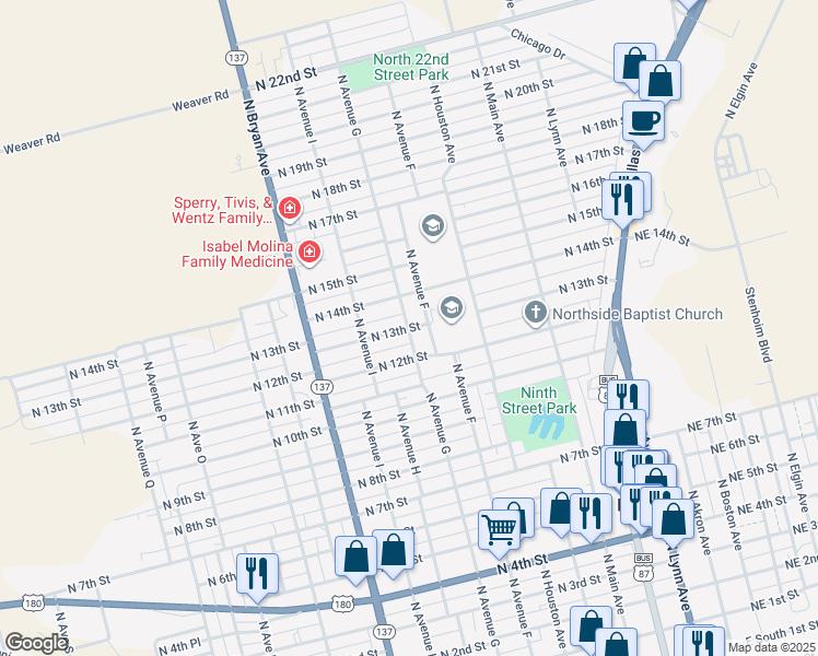 map of restaurants, bars, coffee shops, grocery stores, and more near 1305 North Avenue G in Lamesa