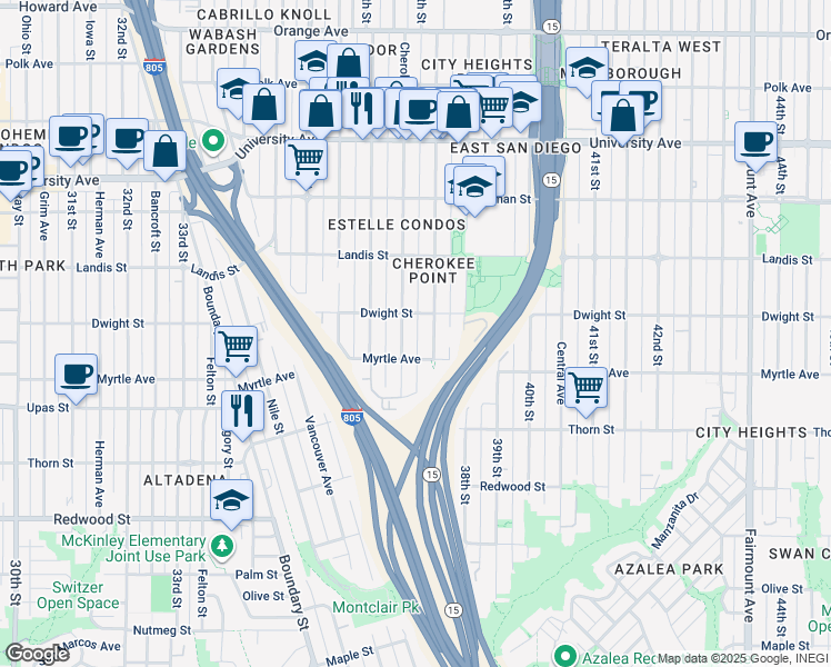 map of restaurants, bars, coffee shops, grocery stores, and more near 3543 Cherokee Avenue in San Diego