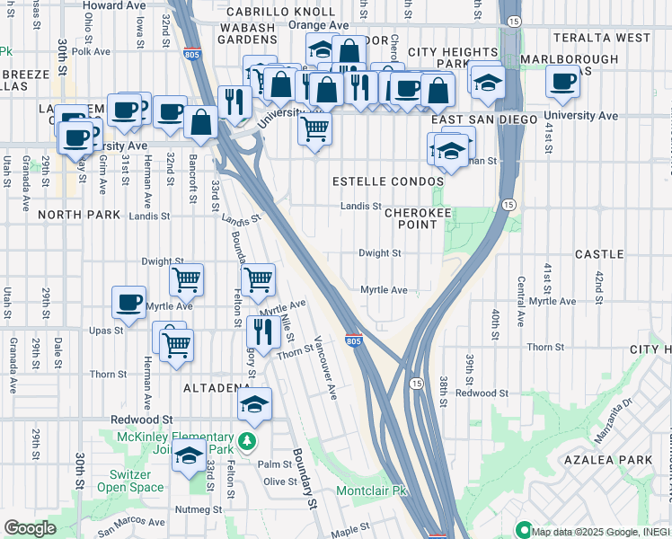 map of restaurants, bars, coffee shops, grocery stores, and more near 3544 Wilson Avenue in San Diego