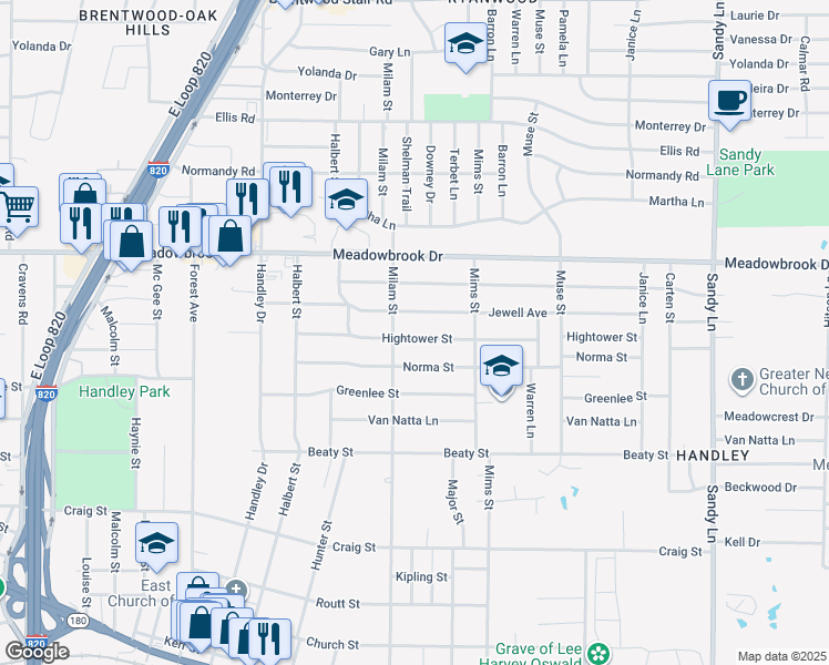 map of restaurants, bars, coffee shops, grocery stores, and more near 6909 Hightower Street in Fort Worth