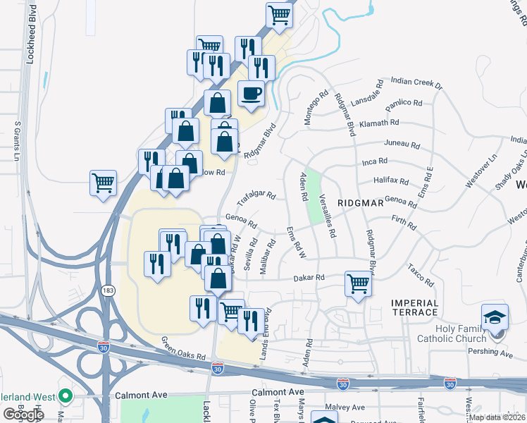 map of restaurants, bars, coffee shops, grocery stores, and more near 1601 Dakar Road West in Fort Worth
