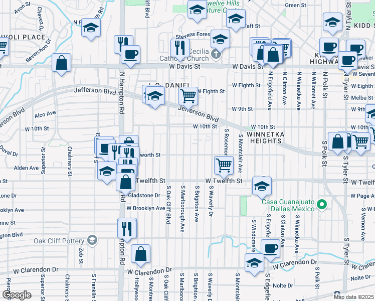 map of restaurants, bars, coffee shops, grocery stores, and more near 211 South Brighton Avenue in Dallas