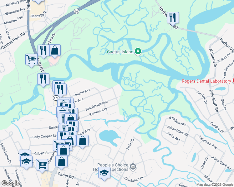 map of restaurants, bars, coffee shops, grocery stores, and more near 768 Sprague Street in Charleston