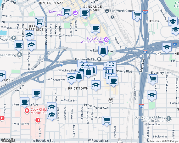 map of restaurants, bars, coffee shops, grocery stores, and more near 101 South Jennings Avenue in Fort Worth