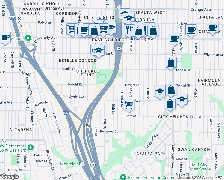 map of restaurants, bars, coffee shops, grocery stores, and more near 3568 40th Street in San Diego
