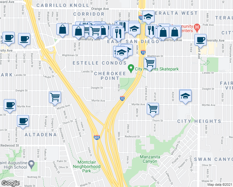 map of restaurants, bars, coffee shops, grocery stores, and more near 3542 38th Street in San Diego