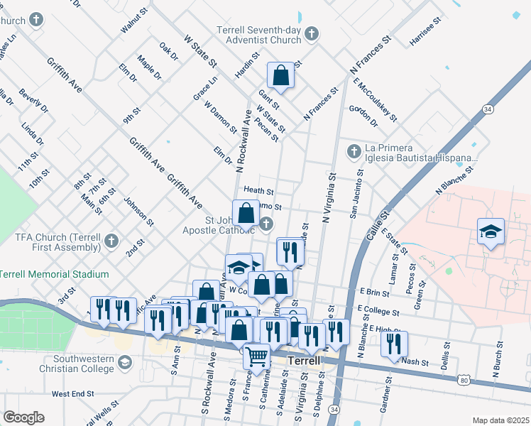 map of restaurants, bars, coffee shops, grocery stores, and more near 805 N Frances St in Terrell
