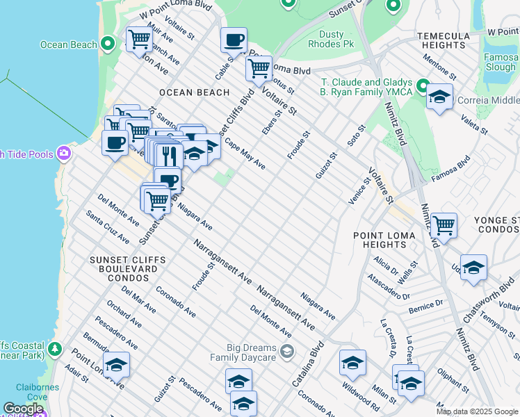 map of restaurants, bars, coffee shops, grocery stores, and more near 4586 Santa Monica Avenue in San Diego