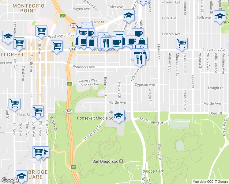 map of restaurants, bars, coffee shops, grocery stores, and more near 3605 Albert Street in San Diego