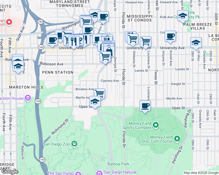 map of restaurants, bars, coffee shops, grocery stores, and more near 3605 Indiana Street in San Diego