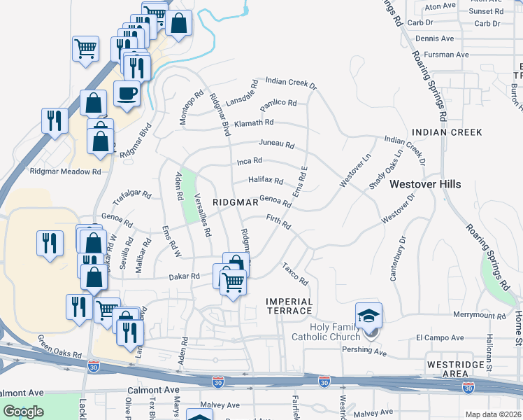 map of restaurants, bars, coffee shops, grocery stores, and more near 6312 Firth Road in Fort Worth