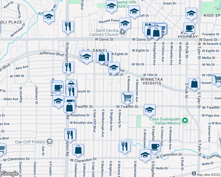 map of restaurants, bars, coffee shops, grocery stores, and more near 211 South Brighton Avenue in Dallas