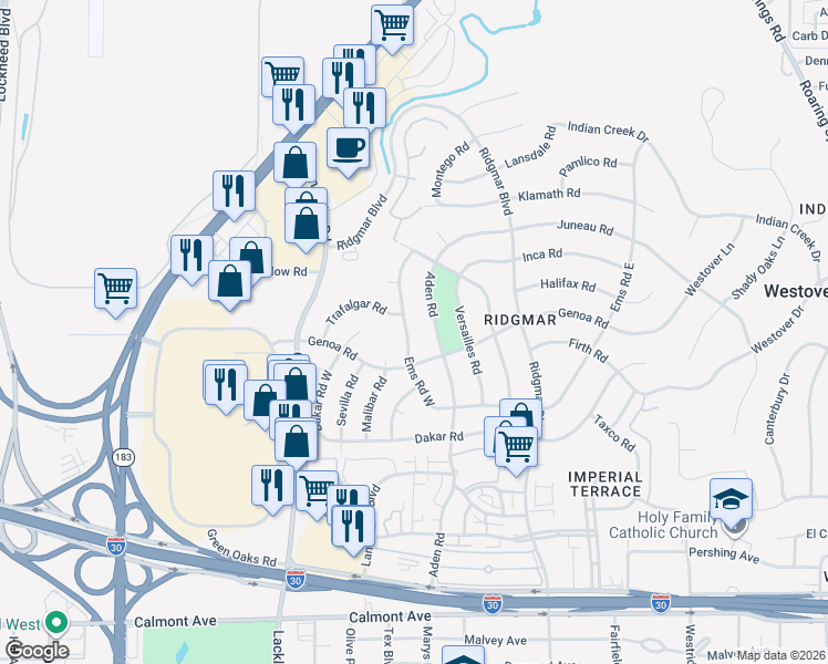 map of restaurants, bars, coffee shops, grocery stores, and more near 1609 Ems Road West in Fort Worth