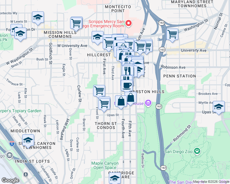 map of restaurants, bars, coffee shops, grocery stores, and more near in San Diego