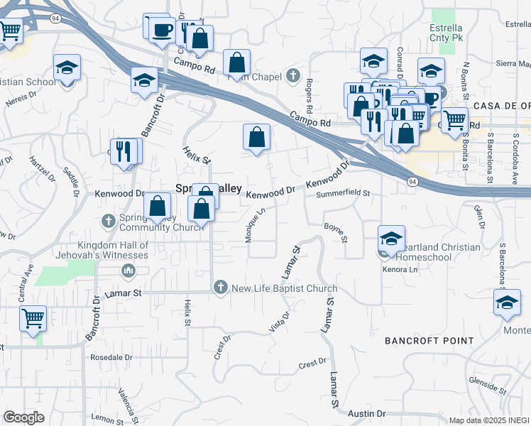 map of restaurants, bars, coffee shops, grocery stores, and more near 3449 Monique Lane in Spring Valley