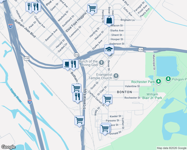 map of restaurants, bars, coffee shops, grocery stores, and more near 2308 Bethurum Avenue in Dallas