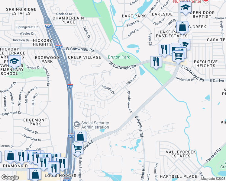 map of restaurants, bars, coffee shops, grocery stores, and more near 12802 Park Hill Court in Balch Springs