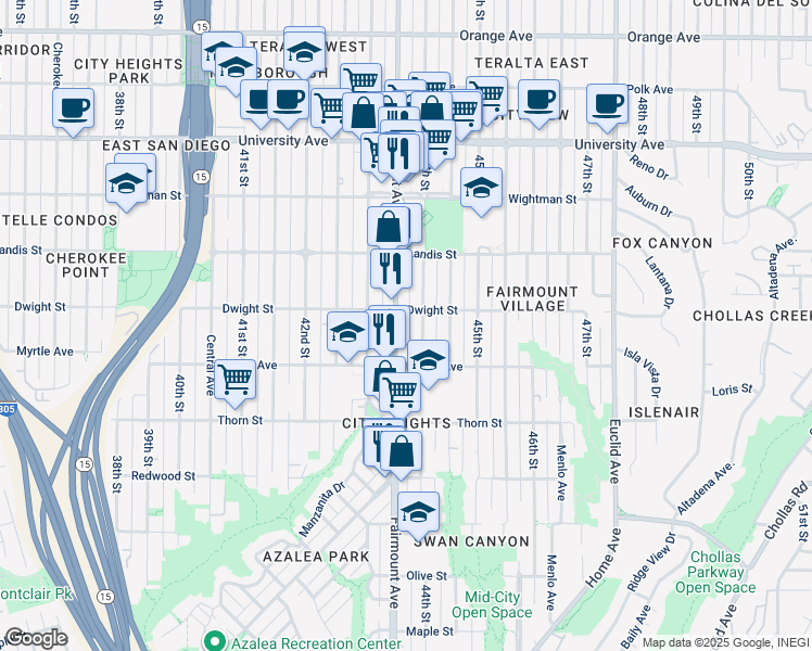 map of restaurants, bars, coffee shops, grocery stores, and more near 3571 Fairmount Avenue in San Diego