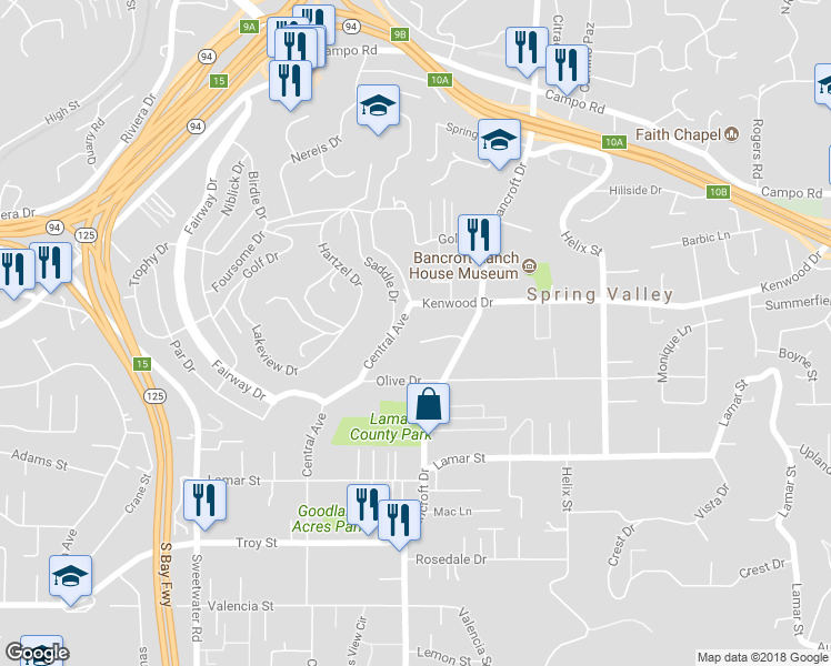 map of restaurants, bars, coffee shops, grocery stores, and more near 8906 Switzer Drive in Spring Valley