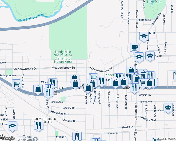 map of restaurants, bars, coffee shops, grocery stores, and more near 2509 North Ayers Avenue in Fort Worth