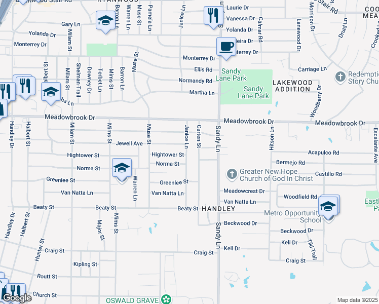 map of restaurants, bars, coffee shops, grocery stores, and more near 2501 Janice Lane in Fort Worth