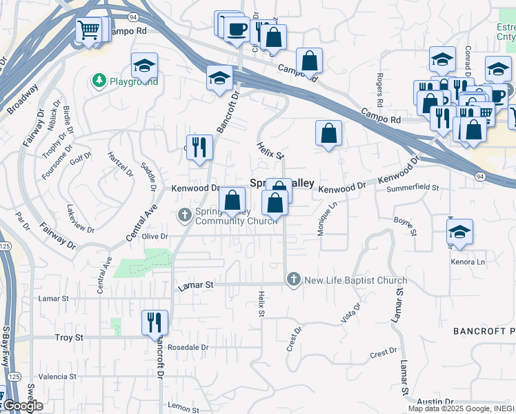 map of restaurants, bars, coffee shops, grocery stores, and more near 9209 Kenwood Drive in Spring Valley