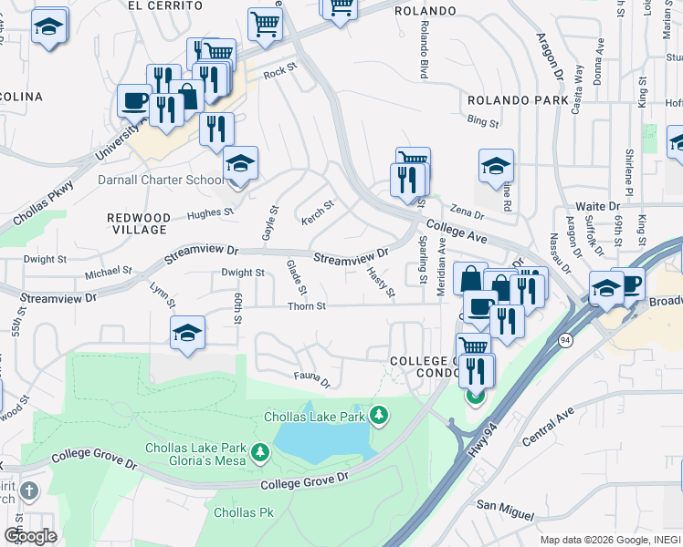 map of restaurants, bars, coffee shops, grocery stores, and more near 3433 Rowe Street in San Diego