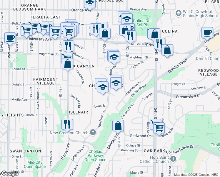 map of restaurants, bars, coffee shops, grocery stores, and more near 3547 Altadena Avenue in San Diego
