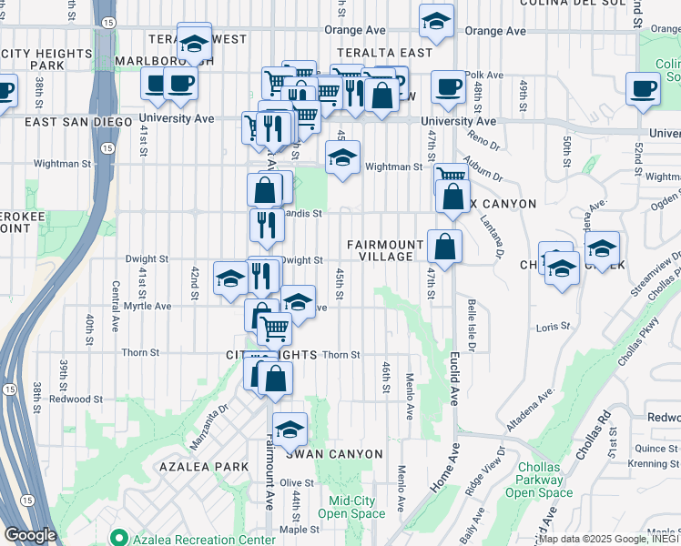 map of restaurants, bars, coffee shops, grocery stores, and more near 3575 45th Street in San Diego