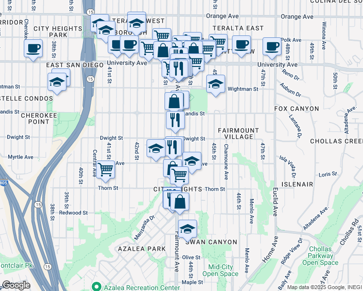 map of restaurants, bars, coffee shops, grocery stores, and more near 3571 Fairmount Avenue in San Diego