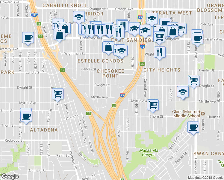 map of restaurants, bars, coffee shops, grocery stores, and more near 3542 38th Street in San Diego
