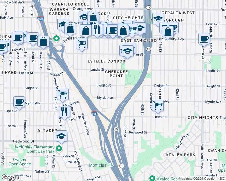 map of restaurants, bars, coffee shops, grocery stores, and more near 3543 Cherokee Avenue in San Diego