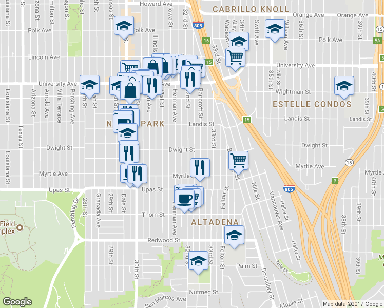 map of restaurants, bars, coffee shops, grocery stores, and more near 3583 32nd Street in San Diego