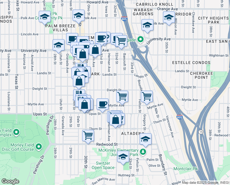 map of restaurants, bars, coffee shops, grocery stores, and more near 3587 Herman Avenue in San Diego