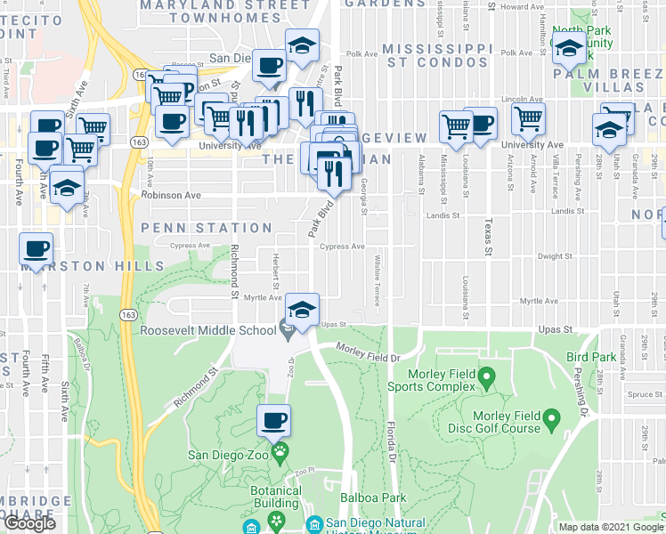 map of restaurants, bars, coffee shops, grocery stores, and more near 3611 Park Boulevard in San Diego