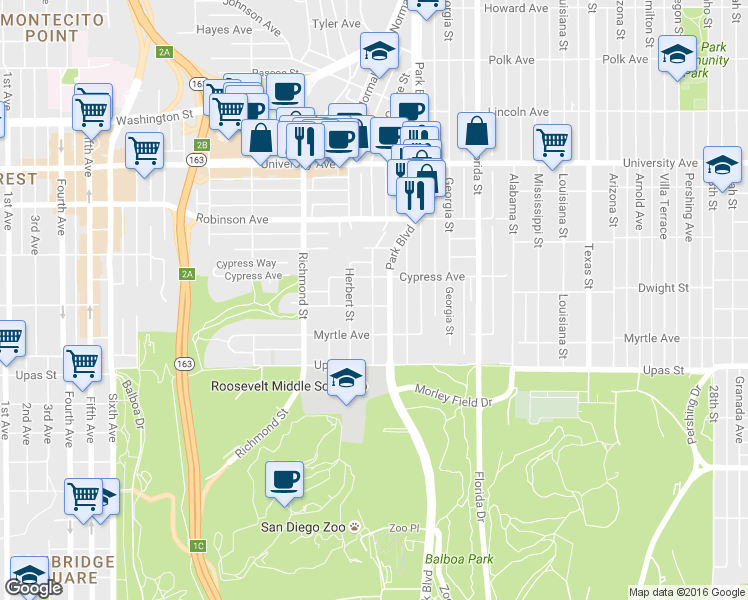 map of restaurants, bars, coffee shops, grocery stores, and more near 1624 Brookes Avenue in San Diego