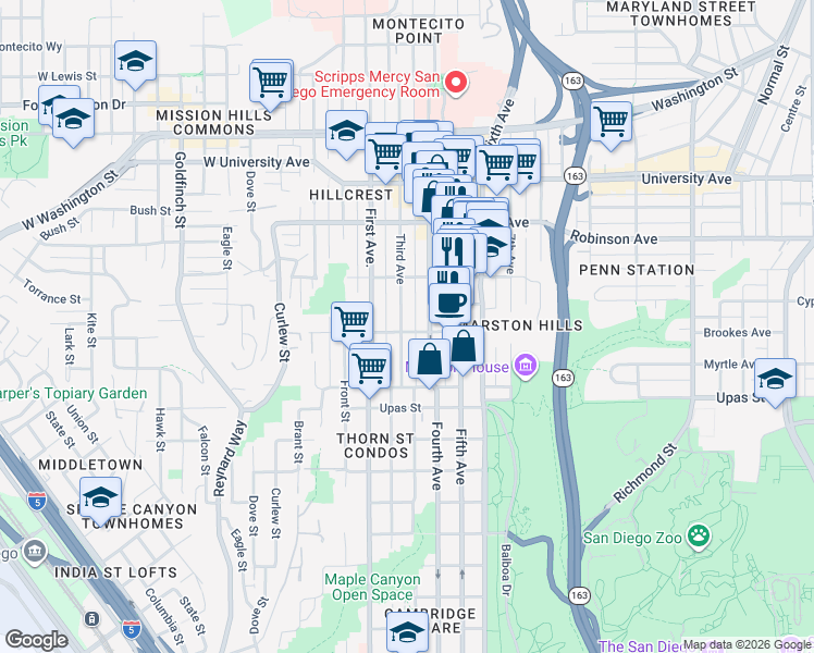 map of restaurants, bars, coffee shops, grocery stores, and more near in San Diego