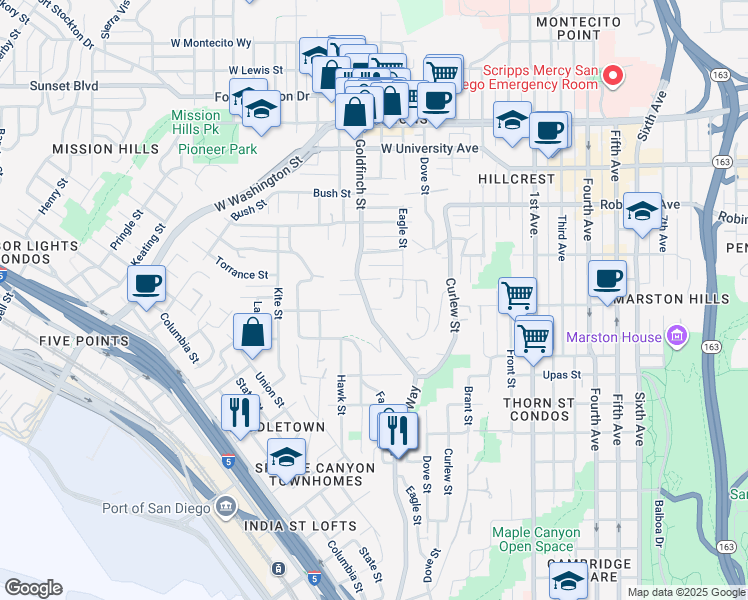 map of restaurants, bars, coffee shops, grocery stores, and more near 3613 Reynard Way in San Diego