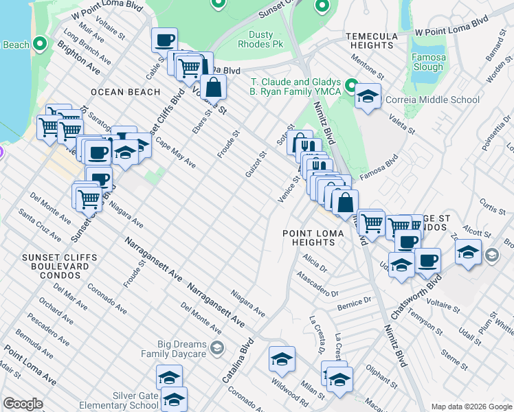 map of restaurants, bars, coffee shops, grocery stores, and more near 2052 Venice Street in San Diego