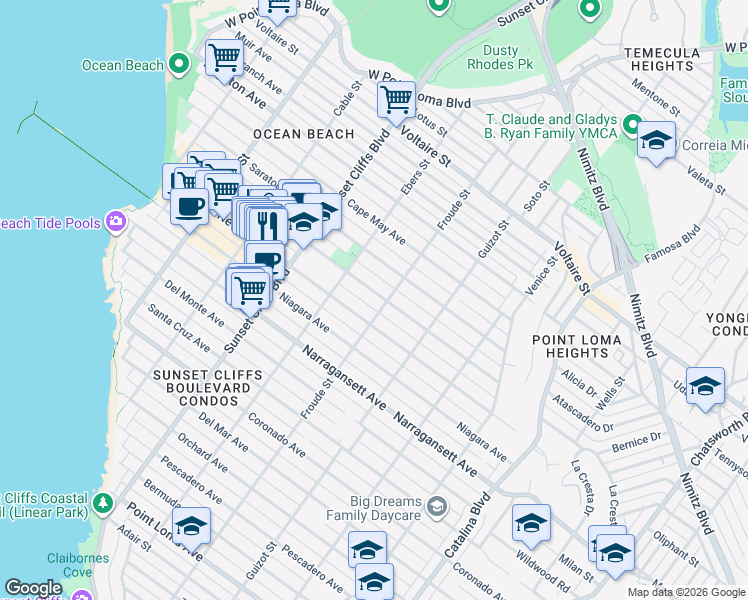 map of restaurants, bars, coffee shops, grocery stores, and more near 4636 Newport Avenue in San Diego