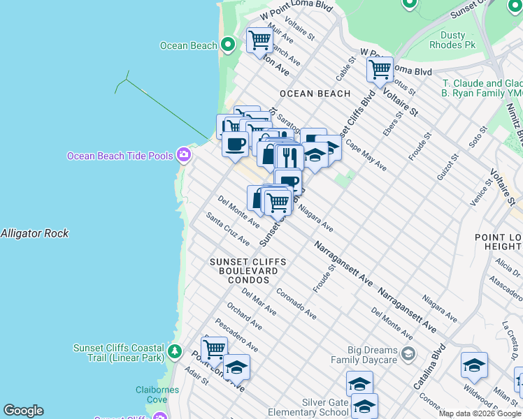 map of restaurants, bars, coffee shops, grocery stores, and more near 4873 Narragansett Avenue in San Diego