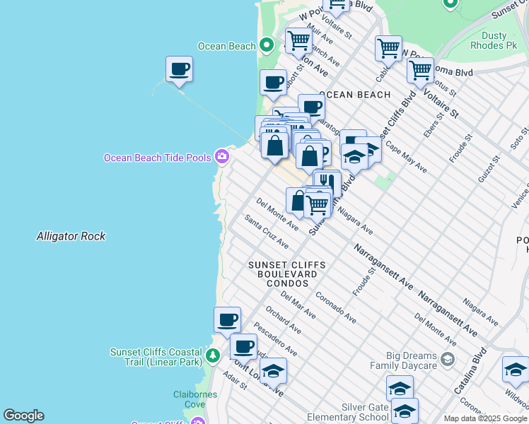 map of restaurants, bars, coffee shops, grocery stores, and more near 4921 Del Monte Avenue in San Diego