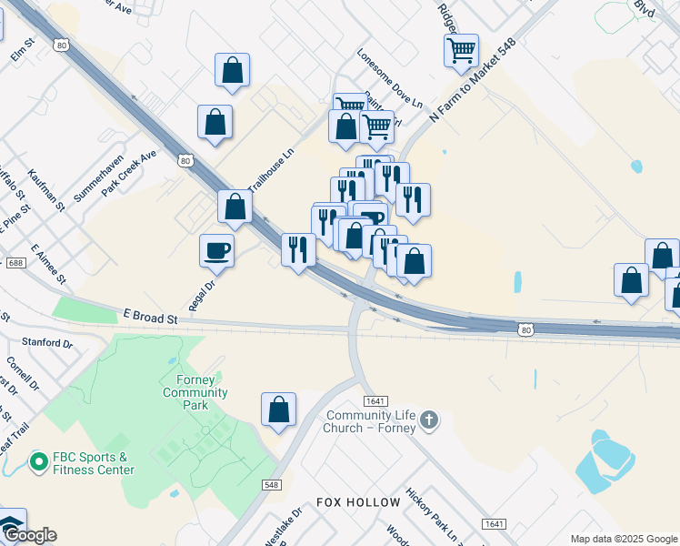 map of restaurants, bars, coffee shops, grocery stores, and more near 783 East US Highway 80 in Forney