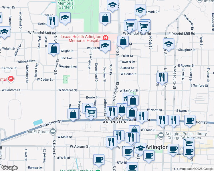 map of restaurants, bars, coffee shops, grocery stores, and more near 706 Gardiner Street in Arlington