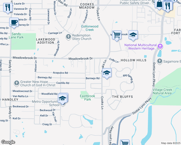 map of restaurants, bars, coffee shops, grocery stores, and more near 2336 Meadowbrook Gardens Drive in Fort Worth