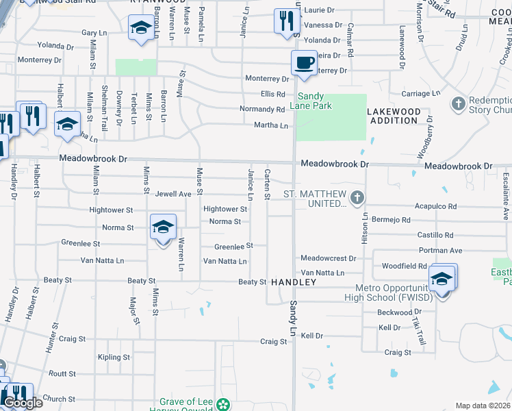 map of restaurants, bars, coffee shops, grocery stores, and more near 2501 Janice Lane in Fort Worth